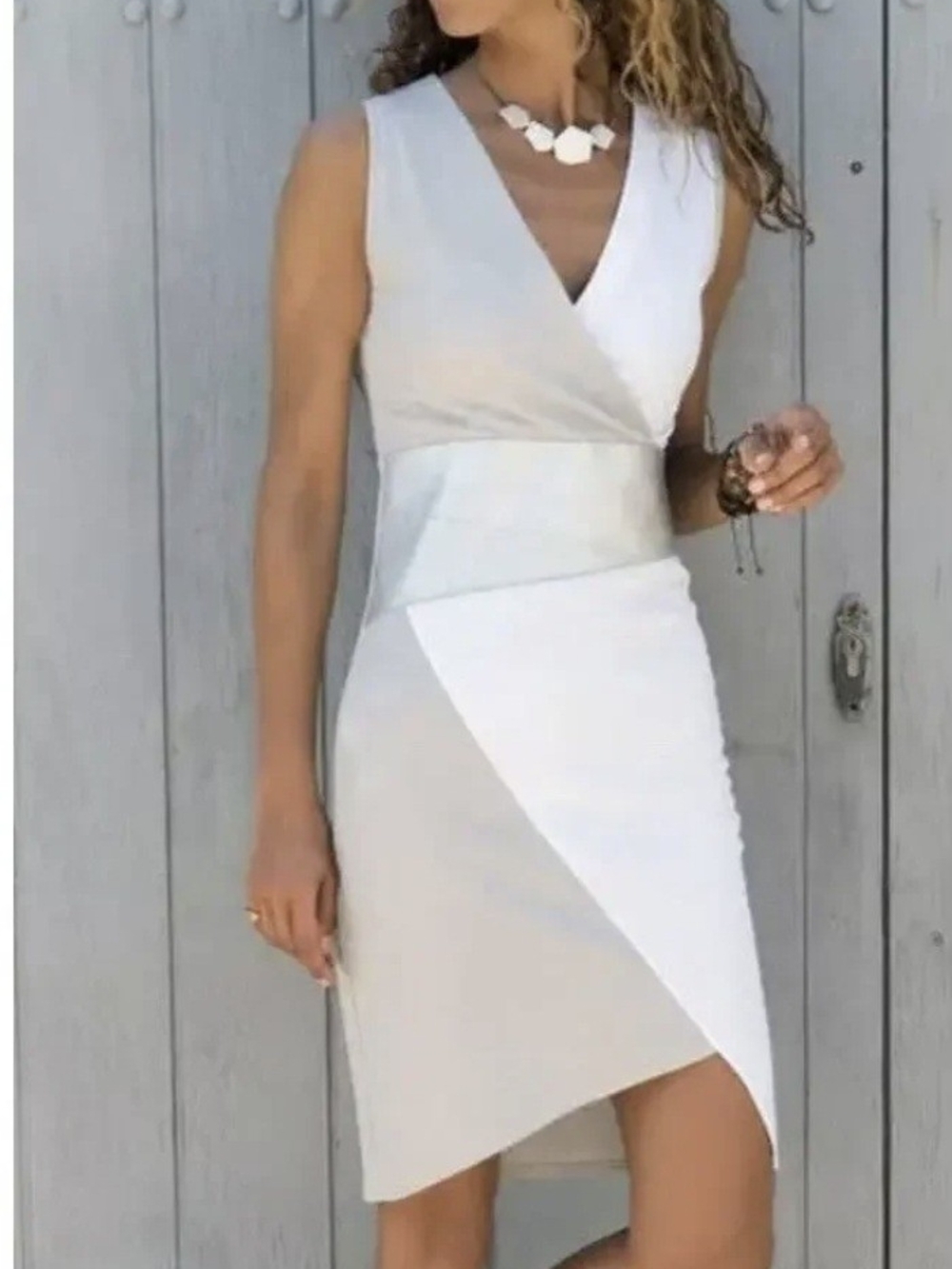 AQE Fashion One-Shoulder Colorblock Wrap Sheath Dress - White & Light Gray